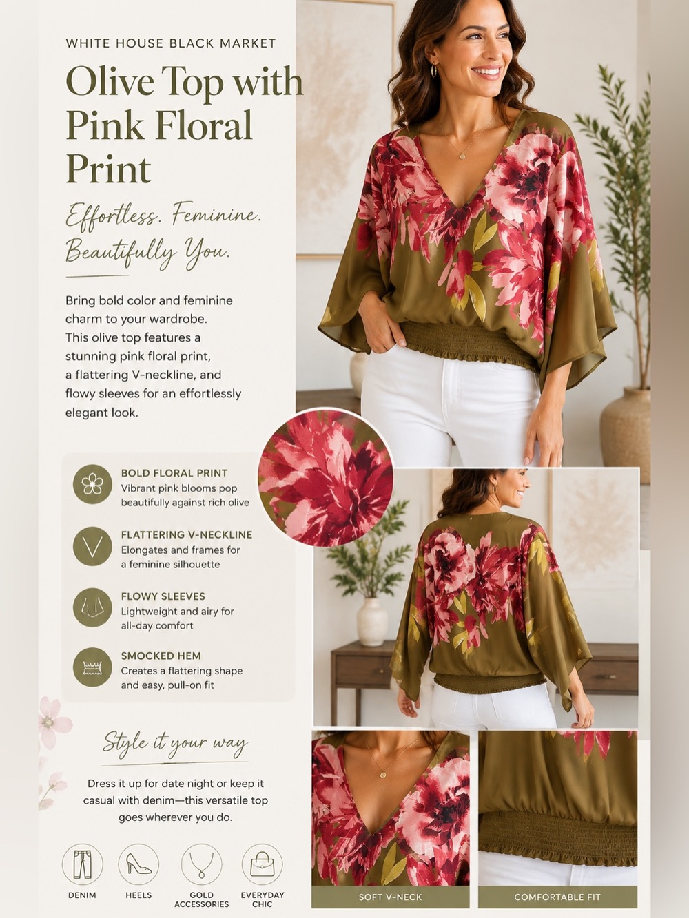 White House Black Market Olive Top with Pink Floral Print